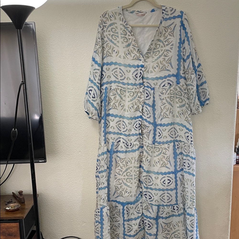 ESQUALO Blue and White Greek tiered Maxi Dress coast beach resort XL 22.5x48